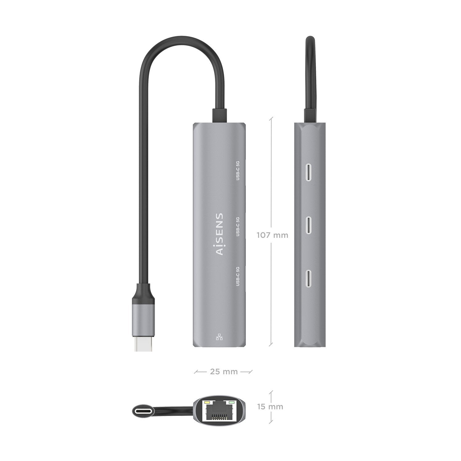 Aisens Dock Usb-C A Ethernet Gigabit + Hub 3xusb-C, Gris, 15cm