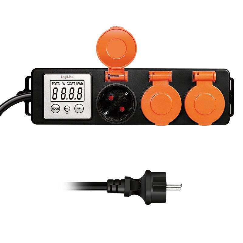 Regleta De Enchufes Exterior De 3 Vías, Medidor De Consumo Energético, Ip44, Pantalla Lcd De 2,0" Y Tapas Protectoras.