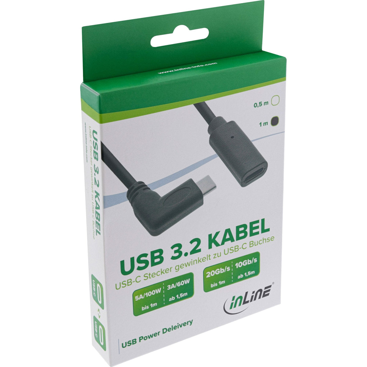 Cable Inline Usb 3.2, Tipo C Macho En Ángulo A Hembra, Negro, 0,5 M