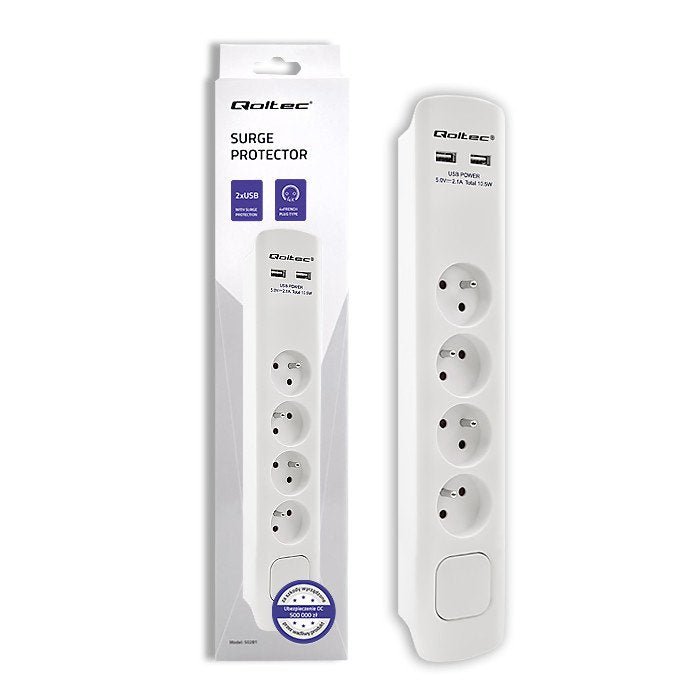 Qoltec 50282 Surge Protector 4 Sockets 2 X Usb 1.8m White