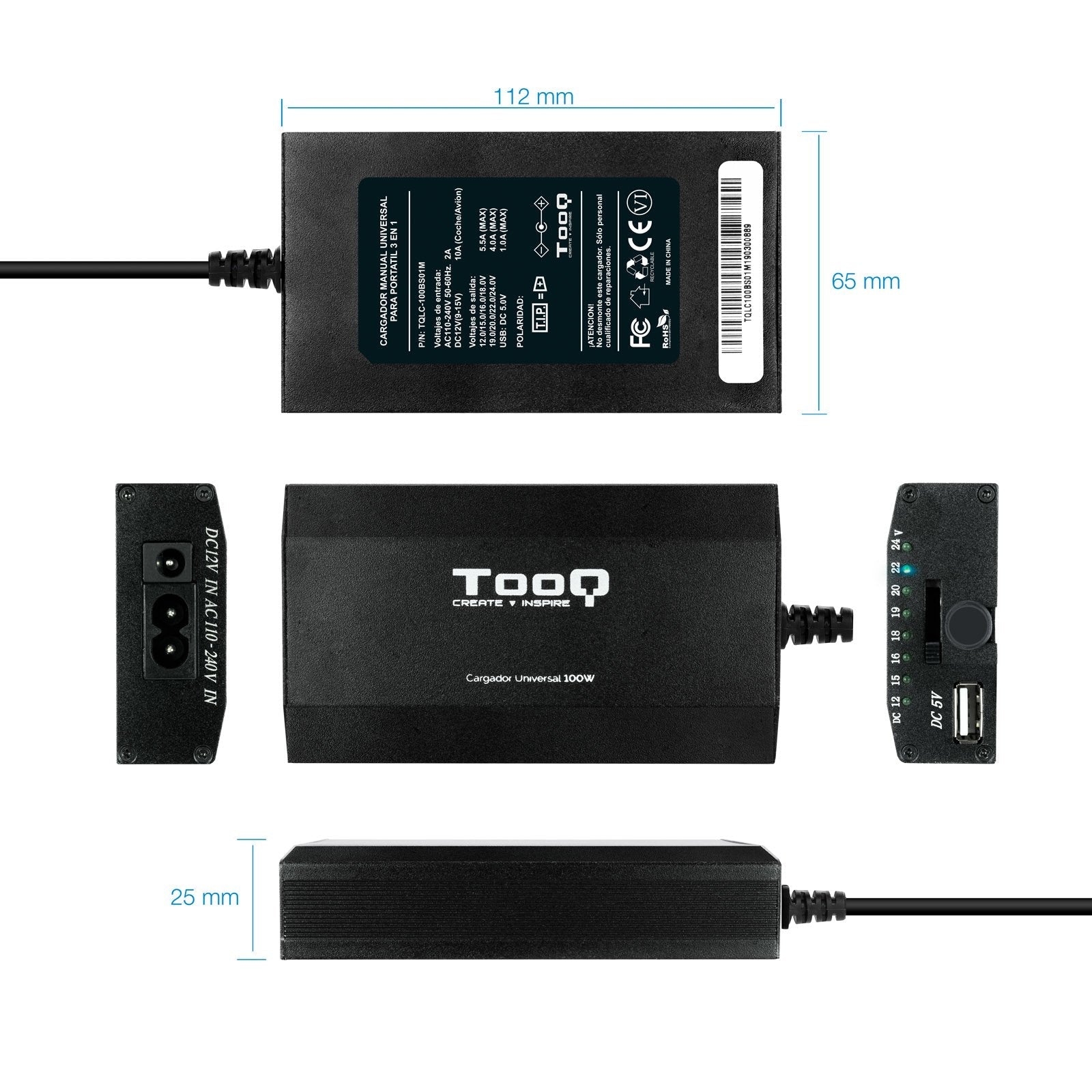 EAN 8433281006584 - TooQ TQLC-100BS01M adaptador e inversor de corriente Auto/Interior Negro imagen 4