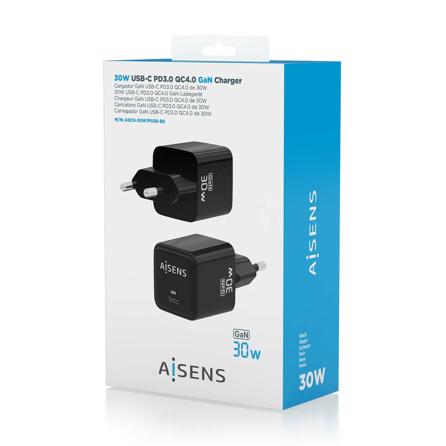 Aisens Cargador Gan 30w, 1xusb-C Pd3.0 Qc4.0, Negro