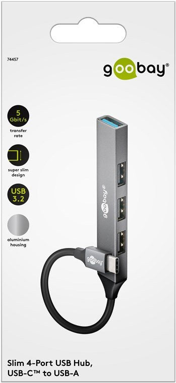 Hub Goobay Concentrador Usb Slim De 4 Puertos, Usb-C A Usb-A, Usb 3.2 Gen1 Gris 74457
