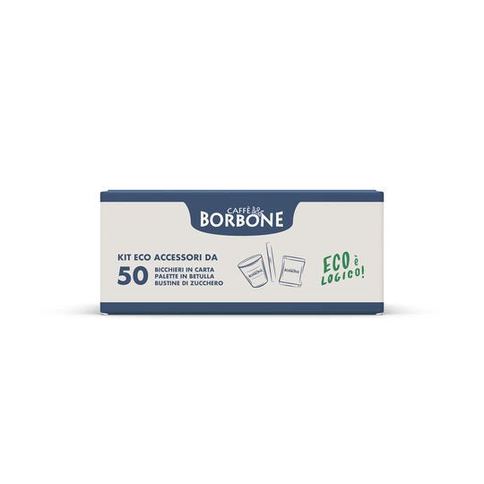 Kit Ecologico 50 Vasos Papel + Paleta Abedul Madera + Azúcar Café Borbone