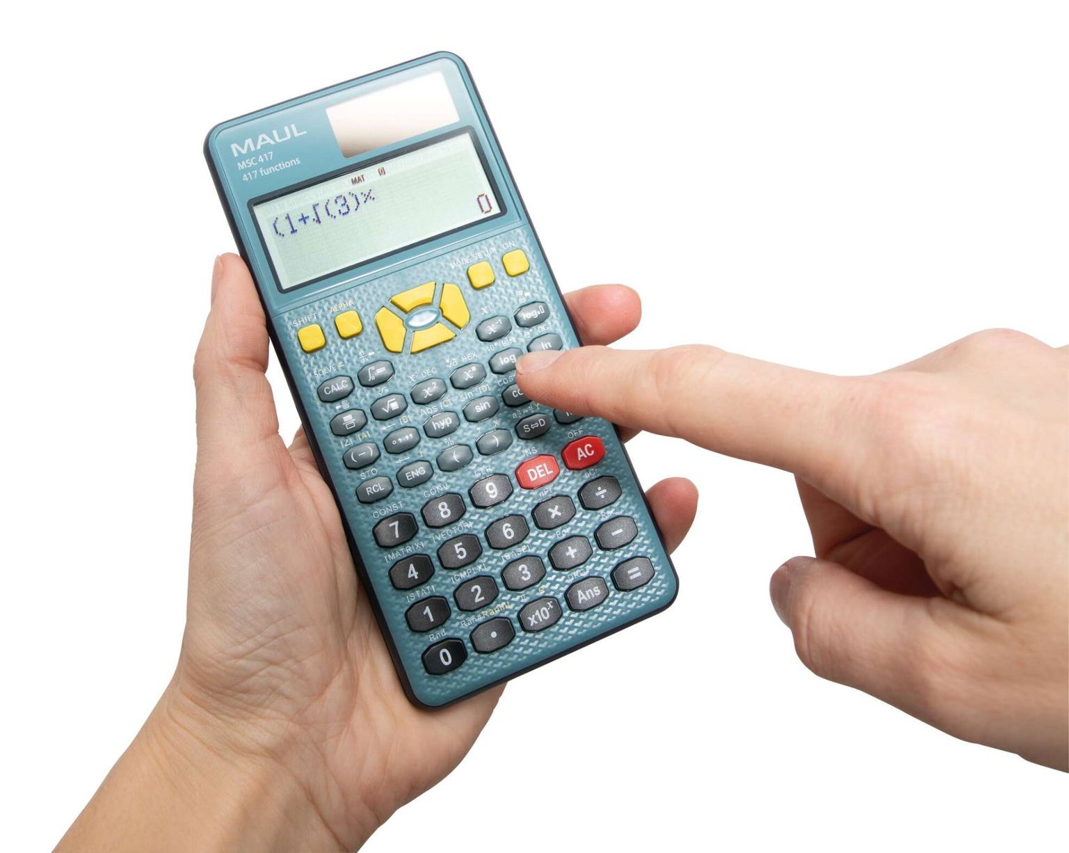 Maul Msc 417 - Calculadora Científica Con Pantalla De 2 Líneas, 80% Plástico Reciclado, Pantalla Lcd, Incluye Funda De Tapa Dura, Color Azul Y Negro