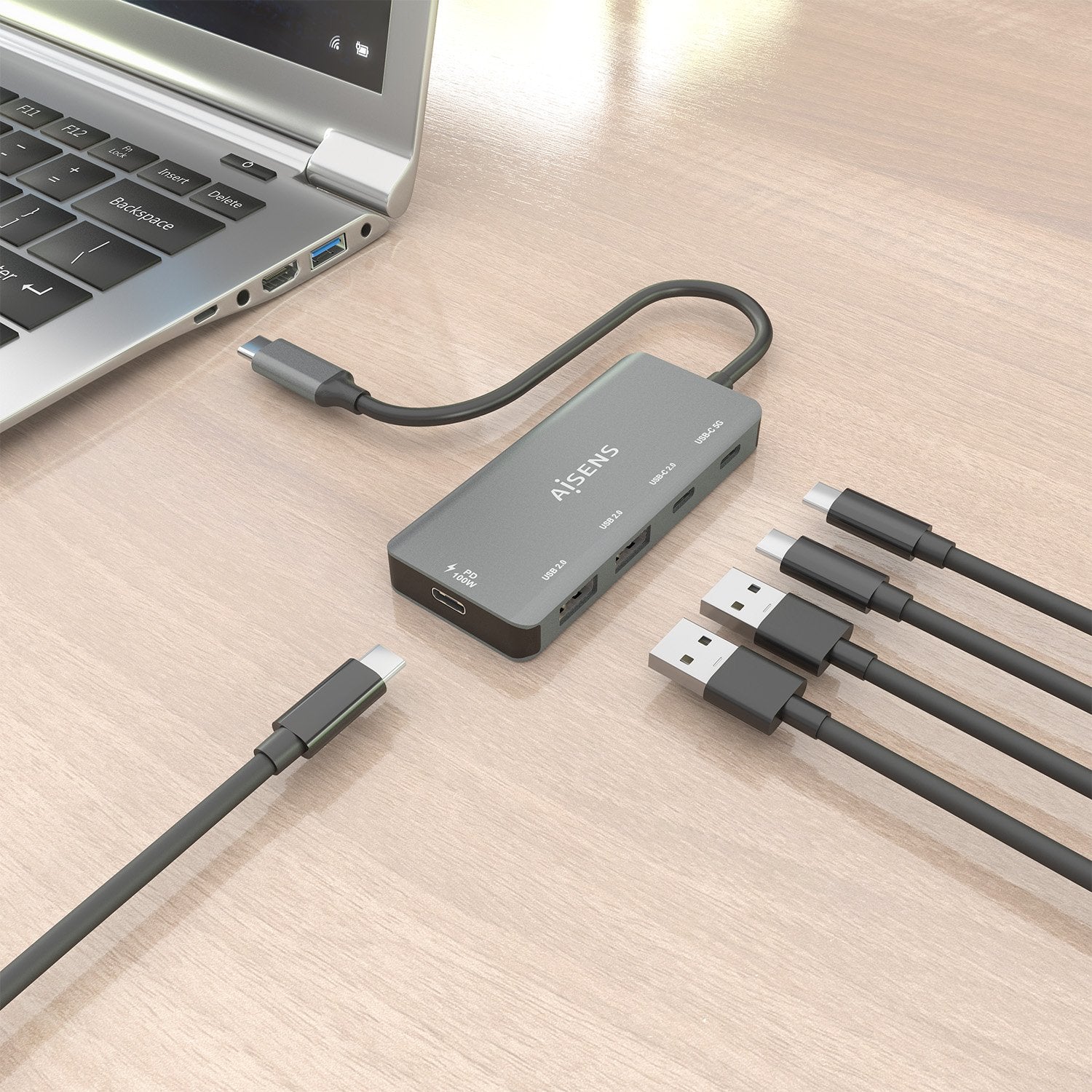 Aisens Hub Usb 3.1 Usb-C, Usb-C/M-1xusb-C Pd 100w+1xusb-C Usb3.0/H+1xusb-C Usb2.0/H+2xusb-A Usb2.0/H, Gris, 15cm