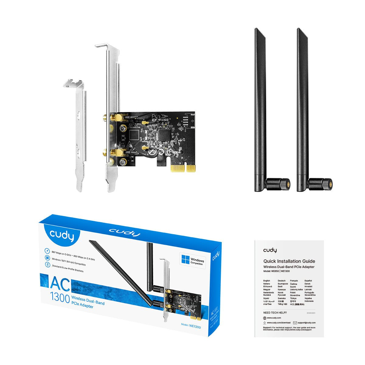 Cudy Ac1300 Adaptador De Red Pcie - Doble Banda - 2x Antenas Wi-Fi 5 Desmontables - Velocidad Hasta 867mbps -