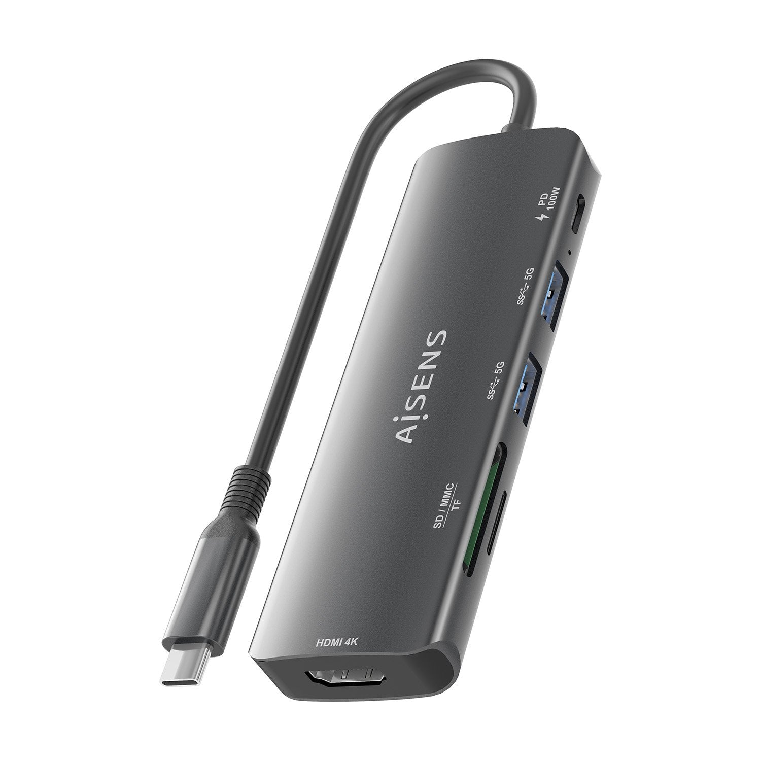 Aisens Usb-C Dock 6 En 1, Usb-C A 1xhdmi, 2xusb-A, 1xusb-C Pd 100w, 1xsd, 1xmicro Sd, Gris, 15cm