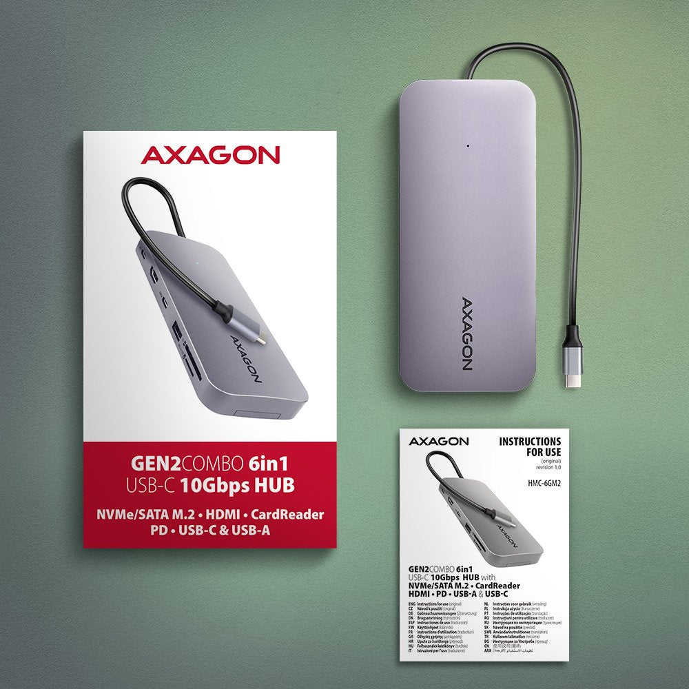 Hub Axagon Hmc-6gm2 Multiport Usb-C 3.1, M.2-Nvme/Sata, Hdmi, Gbit-Lan, 1x Usb-A, 1x Usb-C, Cr