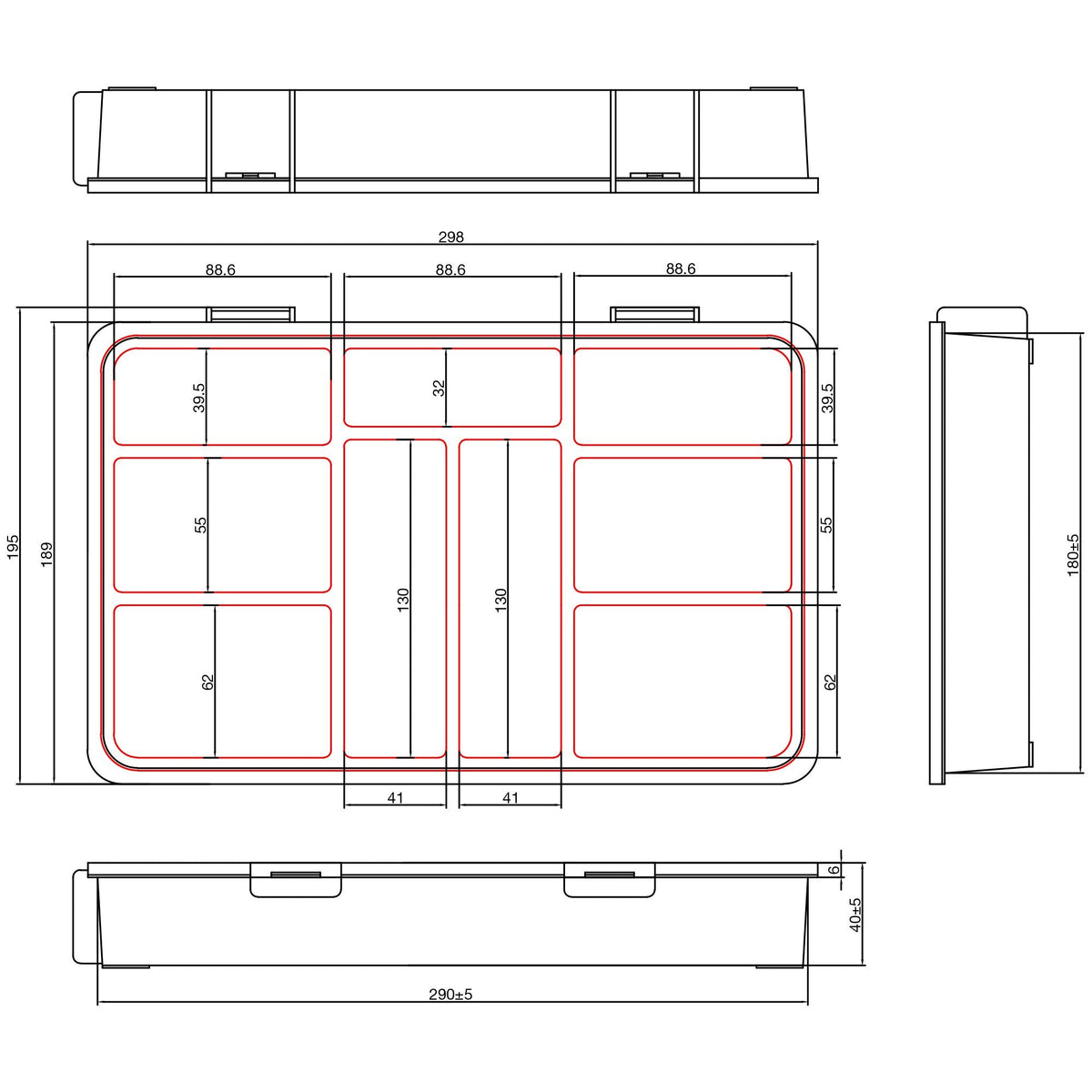 Inline® Small Components Box, 9 Compartments, 290x185x45mm, Orange