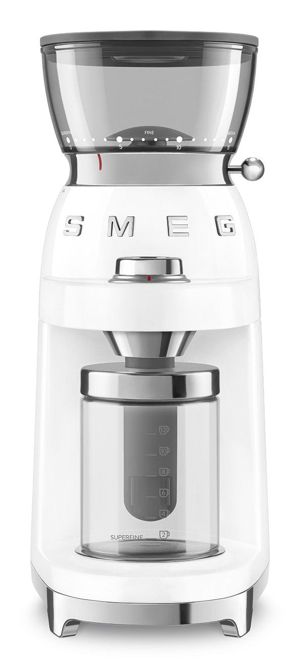 Molinillo De Café Smeg Cgf03wheu, 15 Grados De Molienda, Depósito De 240 G, 150 W, Blanco.