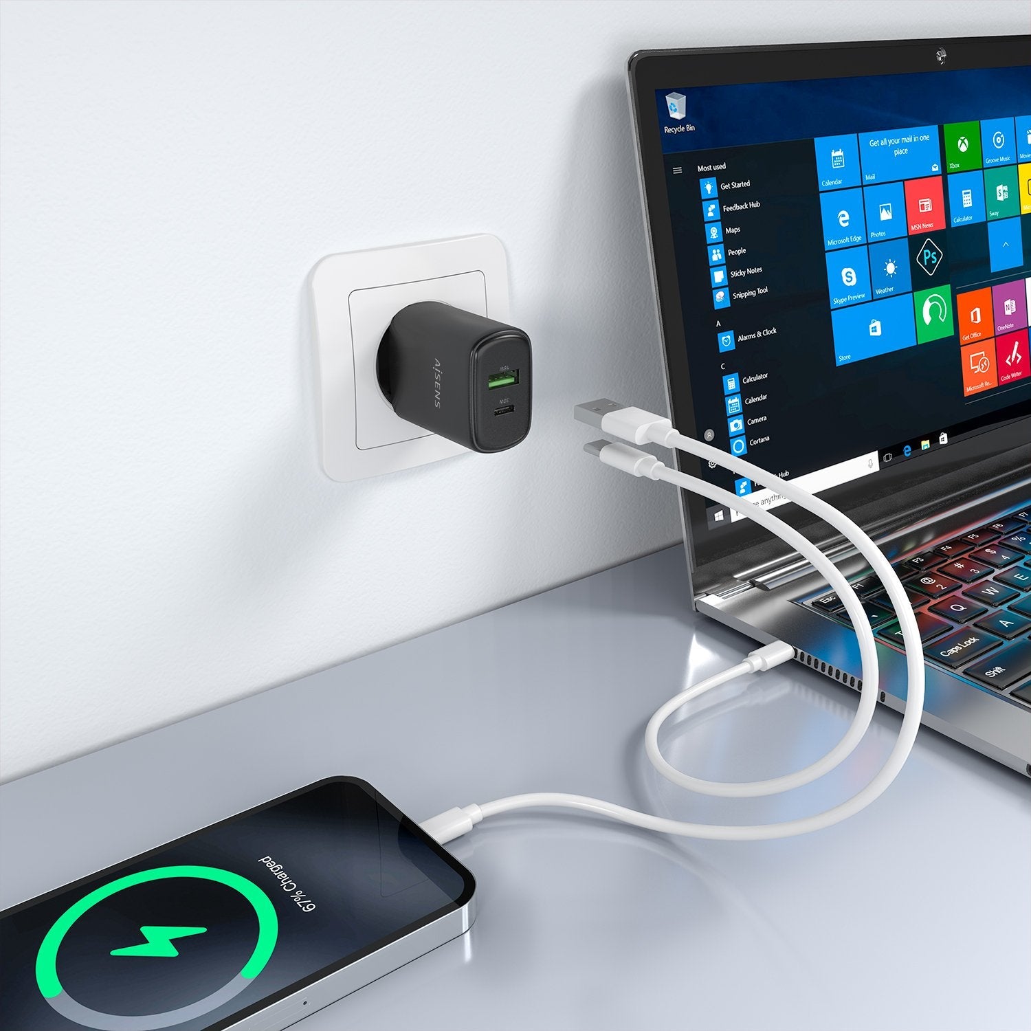 Aisens Cargador Gan 30w, 1xusb-C Pd3.0 Qc4.0, 1xusb-A Qc3.0, Negro