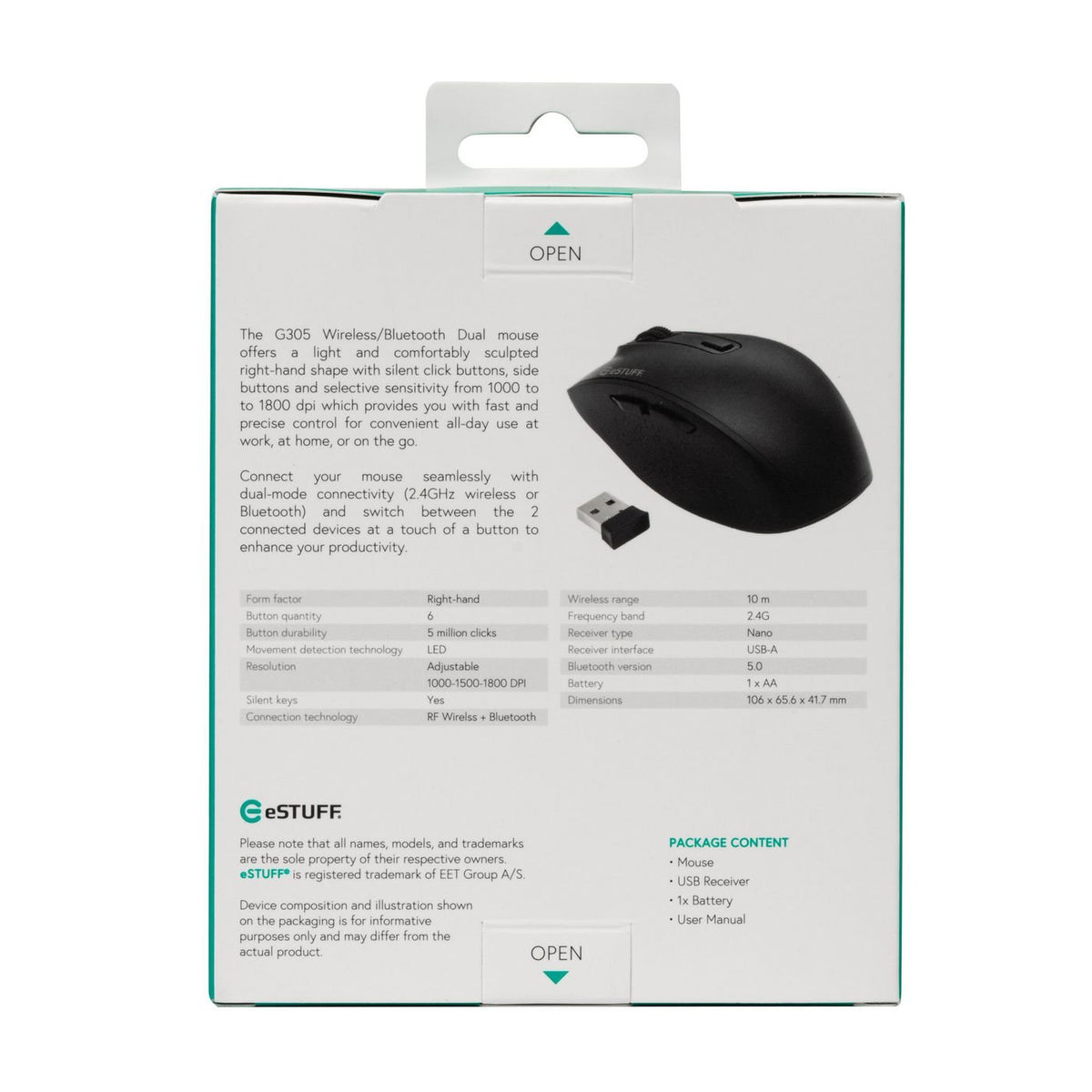 EAN 5704174593669 - eSTUFF GLB214002 ratón Oficina Mano derecha RF Wireless + Bluetooth IR LED 1800 DPI imagen 3