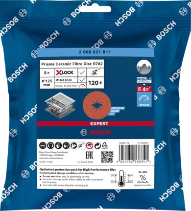 Bosch Professional X-Lock Expert R782 Prisma Disco Abrasivo De Fibra Cerámica, Ø 125 Mm, K120 5 Piezas, Diámetro 22,23 Mm 2608621811
