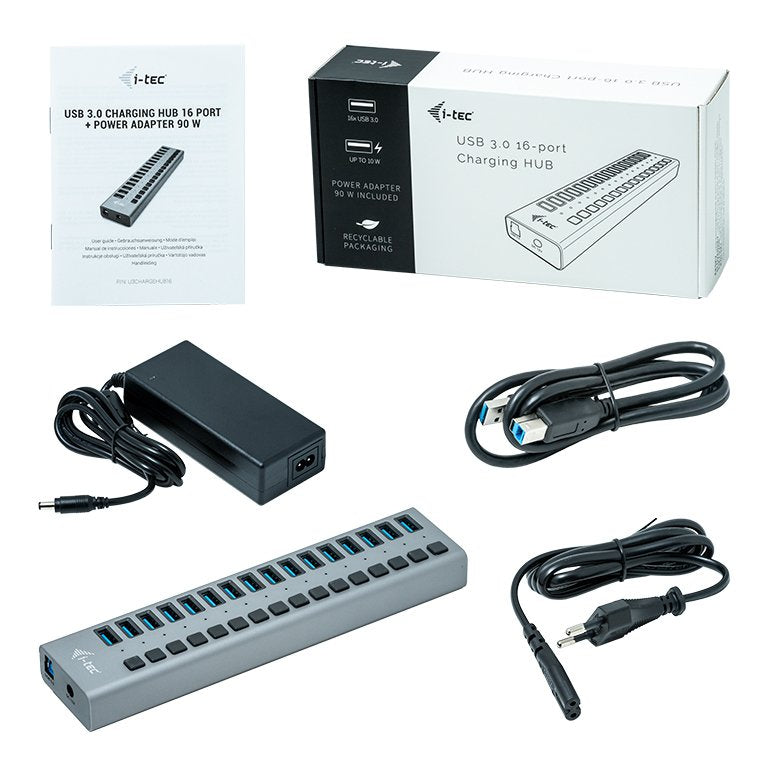 Hub Y Carga I-Tec Usb 3.0 16 Puertos + Adaptador De Energía 90w 16x Puerto De Carga Usb 3.0