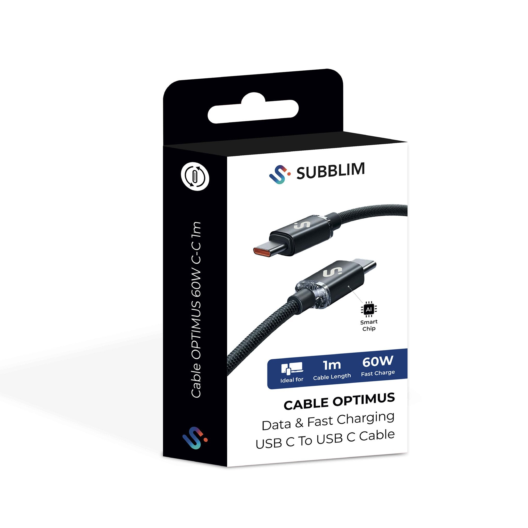 Cable Optimus 60w Usb-C/Usb-C 1 M Negro Subblim 60w/ Longitud: 1m/ Usb-C &Harr; Usb-C/ Pd