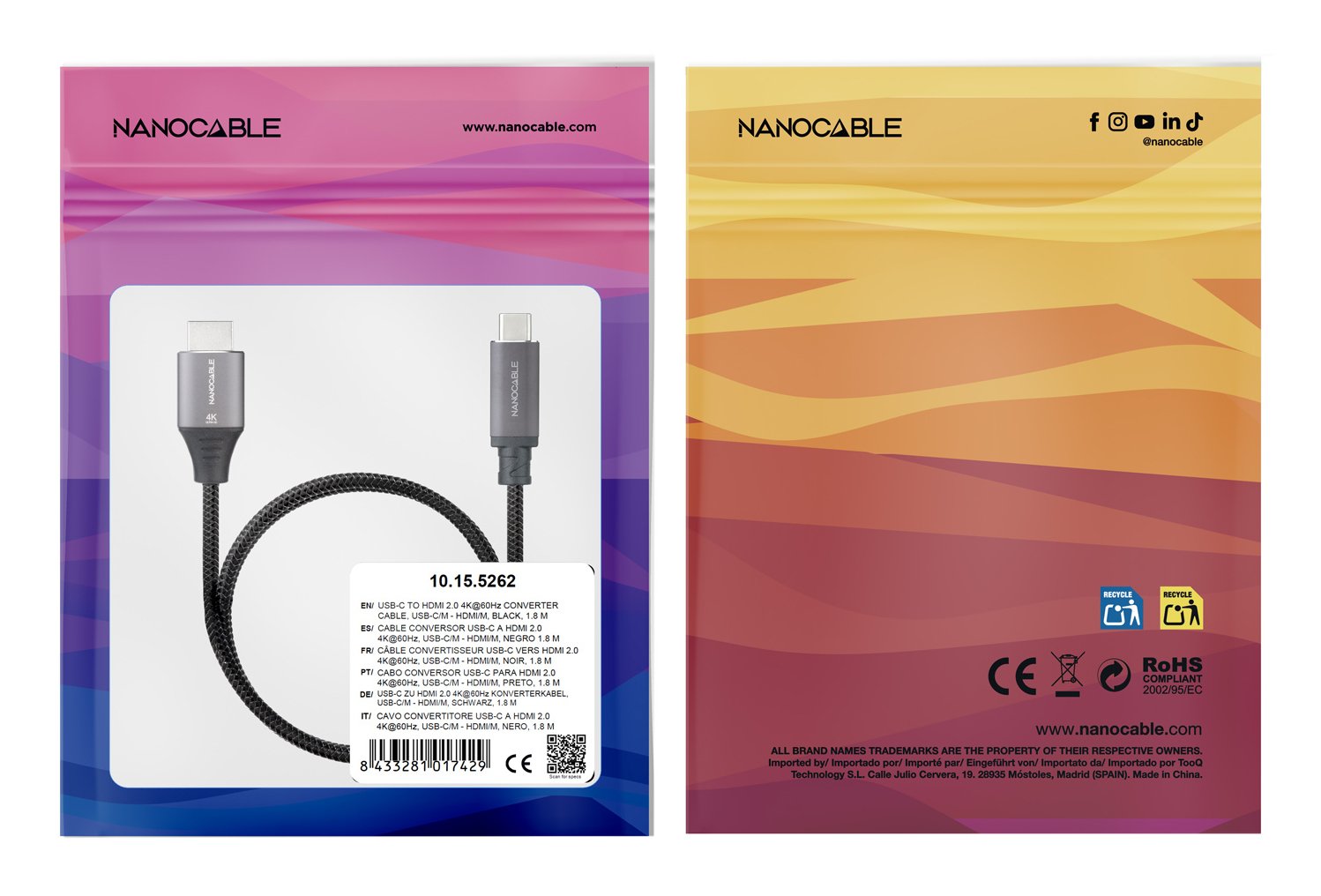 Cable Usb-C/M -Hdmi/M 2.0 4k 60hz, Negro 1.8m
