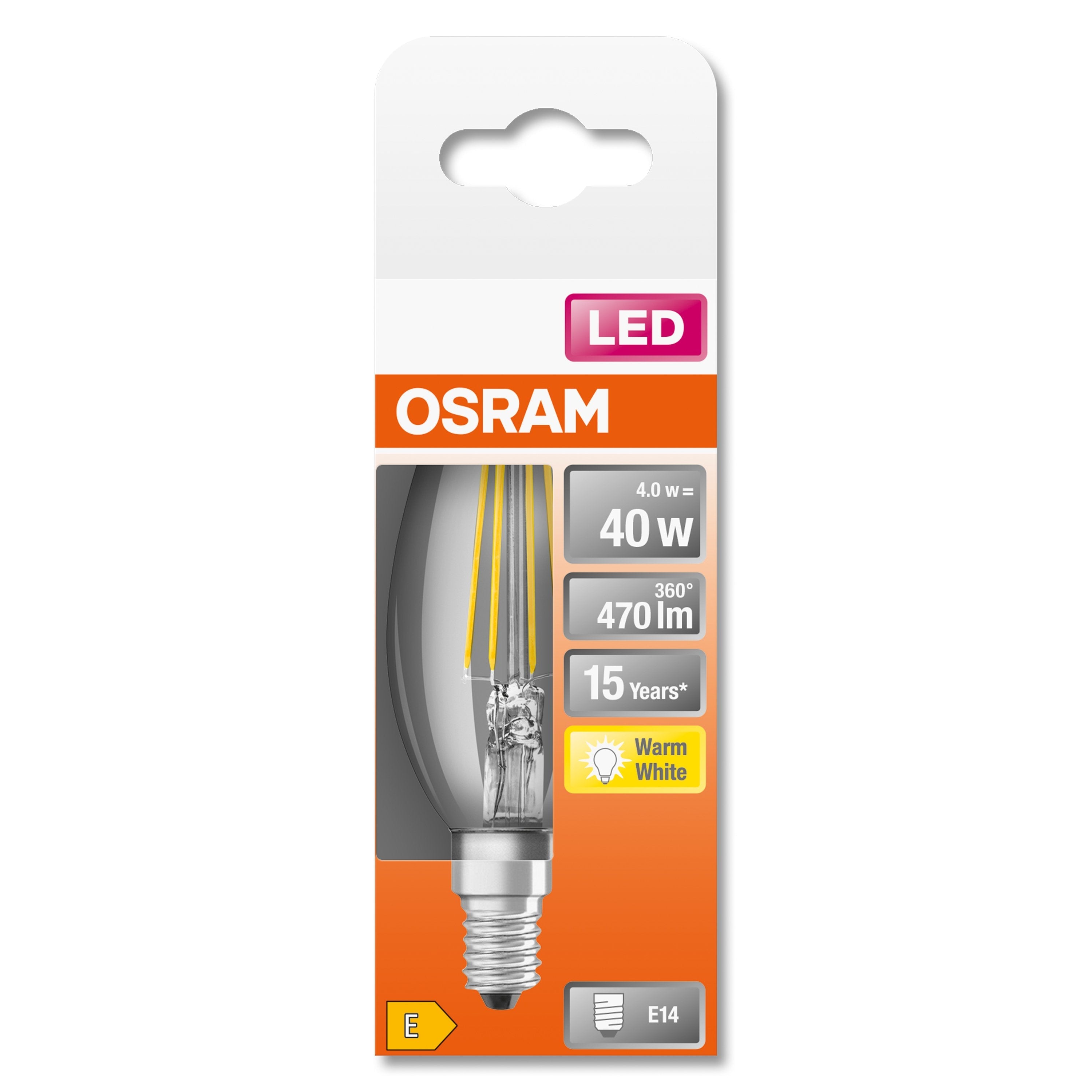 Bombilla Led Osram Filamento Transparente Llama - 4 W = 40 W - E14 - Blanco Cálido