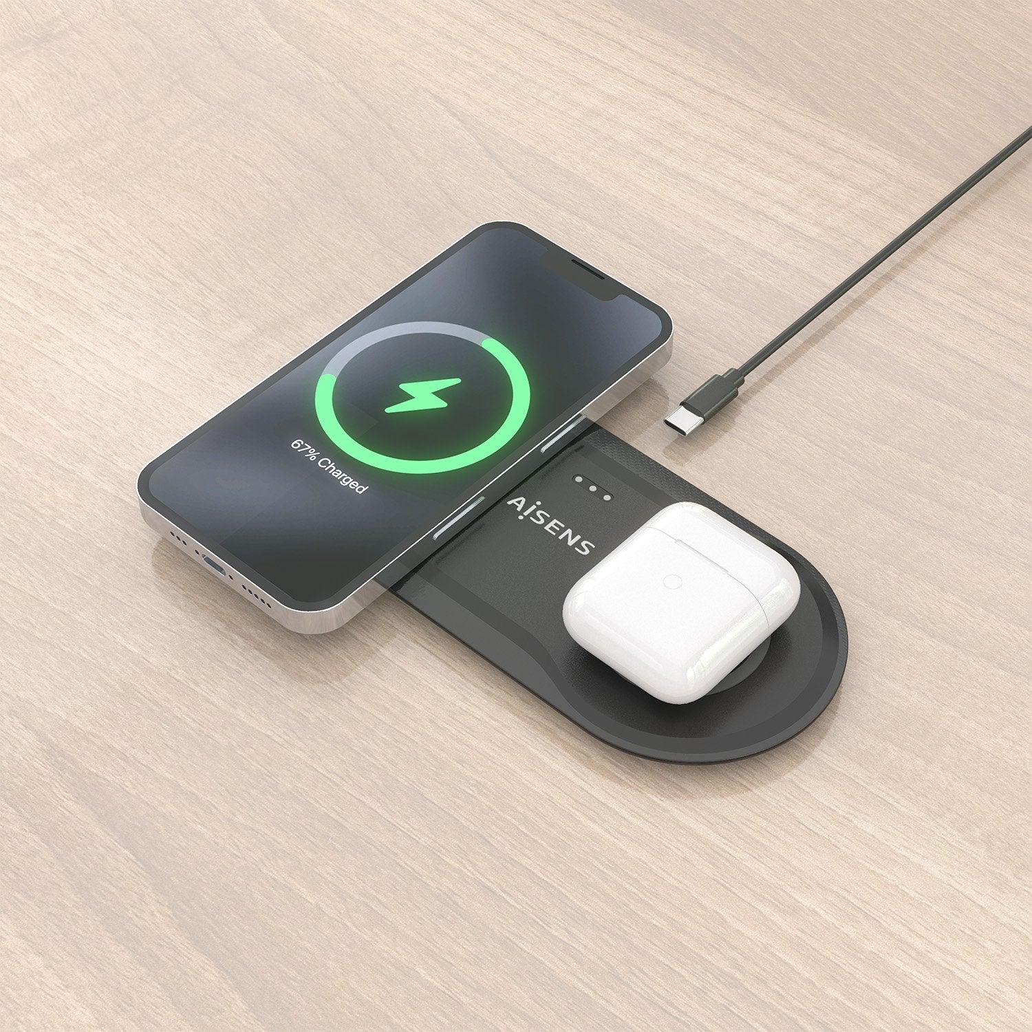 Aisens Cargador Inalambrico Usb-C 15w 2 En 1 Para Movil Auriculares, Negro