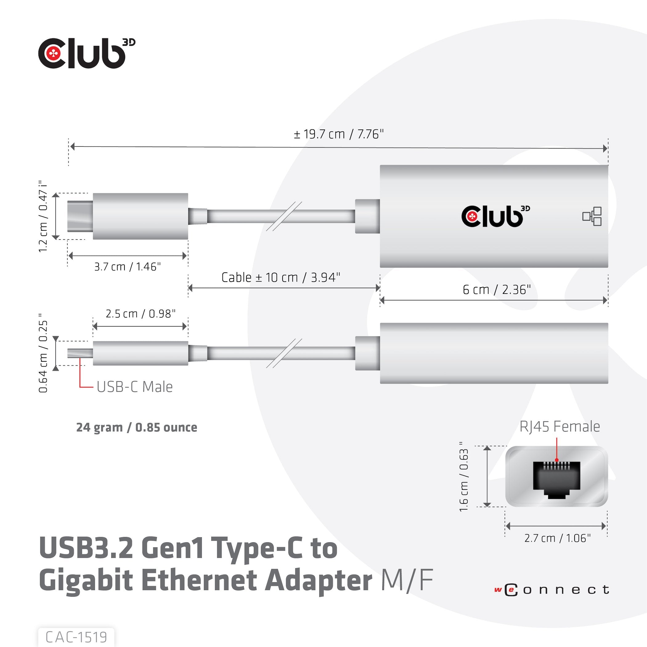 EAN 8719214471811 - CLUB3D CAC-1519 cambiador de género para cable USB-C RJ-45 Blanco imagen 4