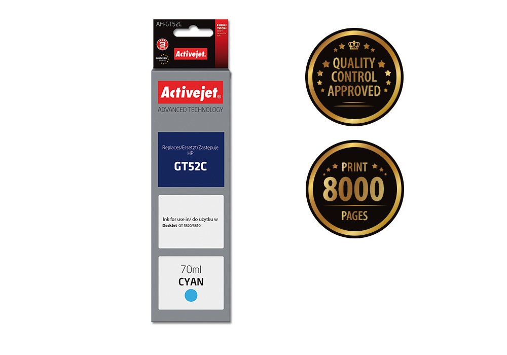 Tinta Activejet Ah-Gt52c (Reemplazo Para Hp Gt52c M0h54ae - Supreme - 70 Ml - Cyan