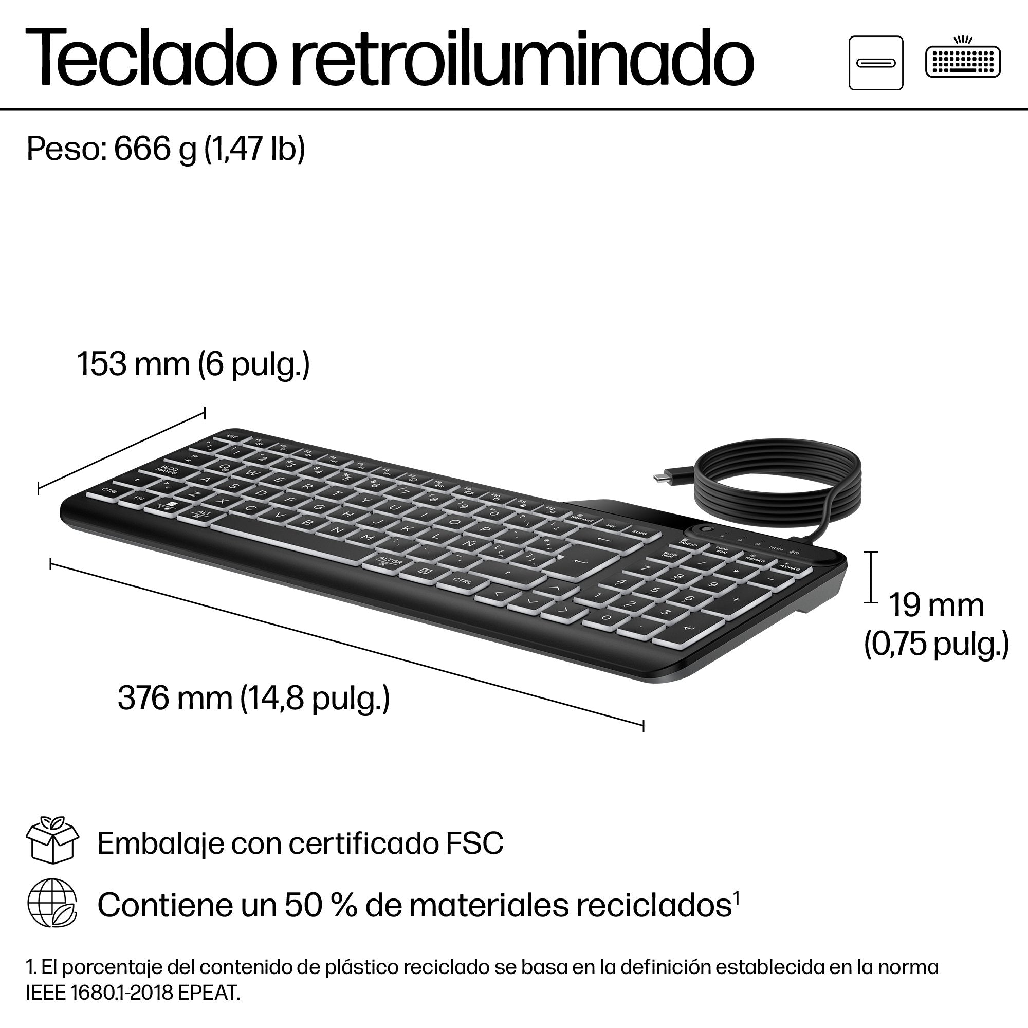 EAN 197192768860 - HP 405 Backlit Wired Keyboard teclado Oficina USB Negro imagen 3