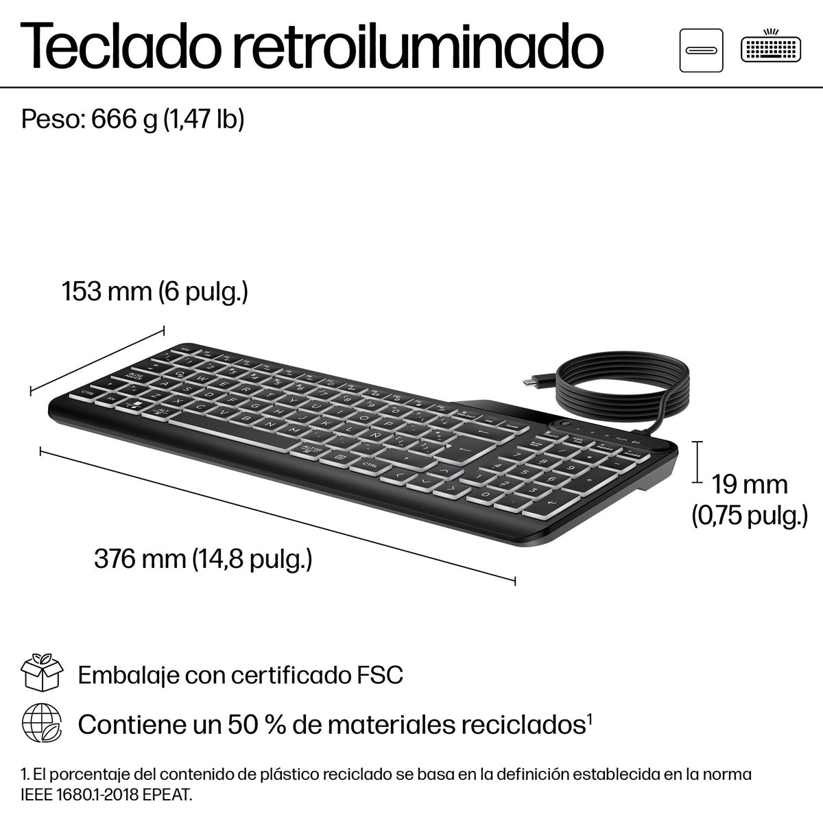EAN 0197192768877 - HP 405 Backlit Wired Keyboard teclado Oficina USB Negro imagen 2