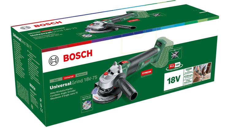 Amoladora Angular A Batería Bosch Universalgrind 18v-75, Ø 125mm (Verde/Negro, Sin Batería Ni Cargador, Power For All Alliance 06033e5001