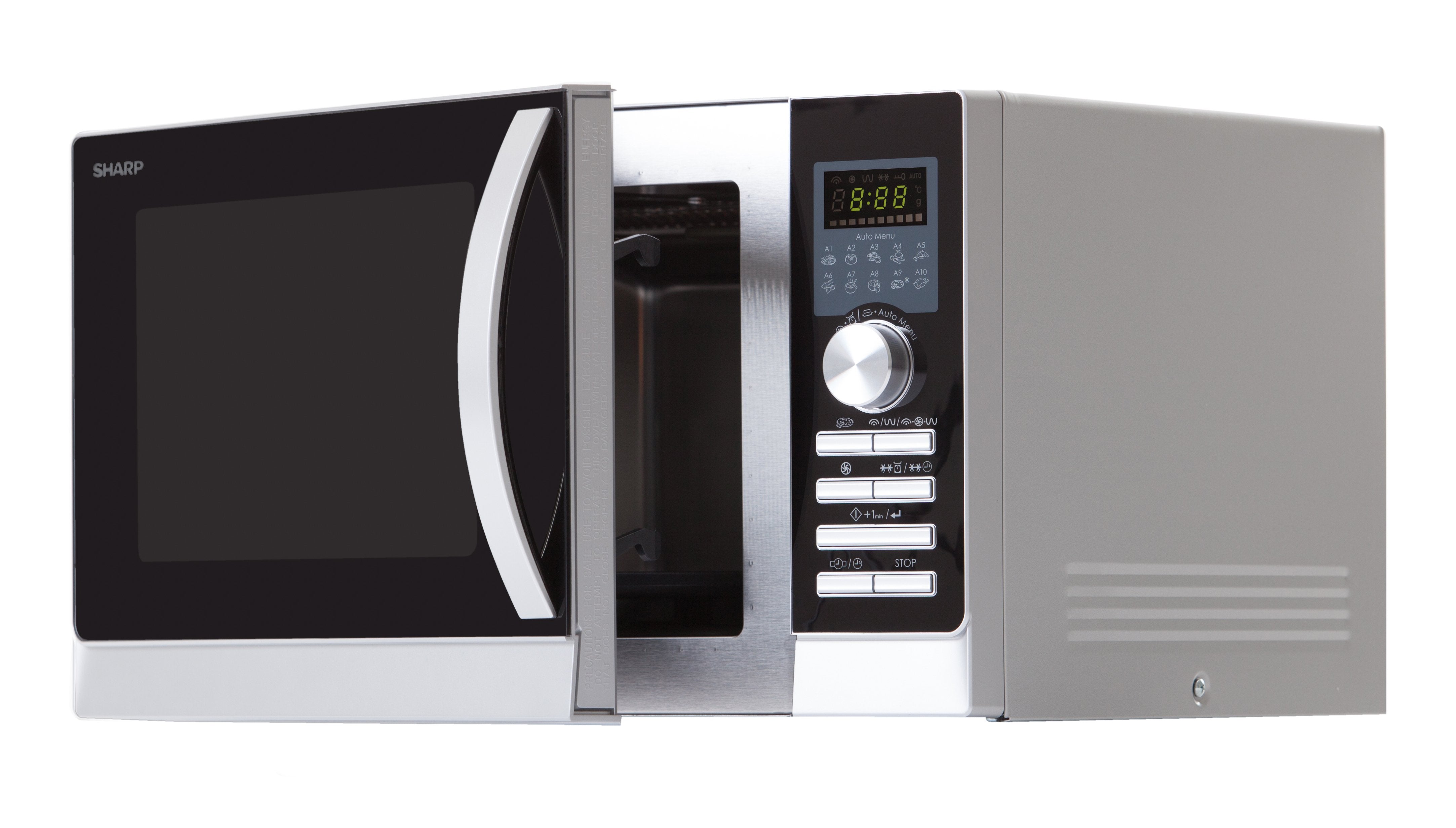 Microondas Con Grill 3 En 1 Sharp R843inw 900w (1200/1100/500w Grill) Conveccion 2500w 25 Litros 10 Funciones Cocción Automática Acero Inox