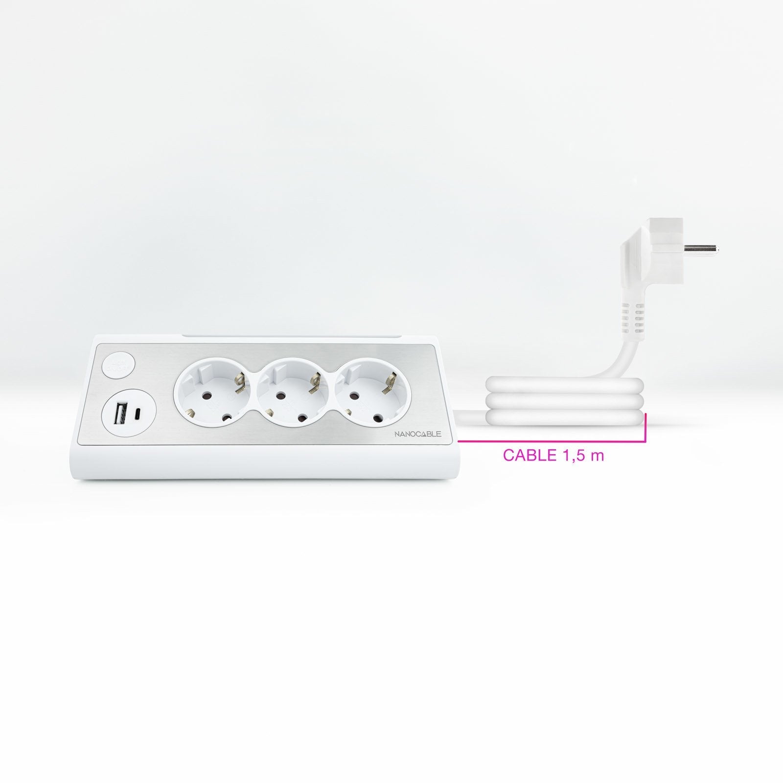 Nanocable Regleta De Sobremesa Con 3x Shuckos, 1x Usb-C Y 1x Usb-A - Iluminacion Led Con Interruptor - Cable De 1.50m
