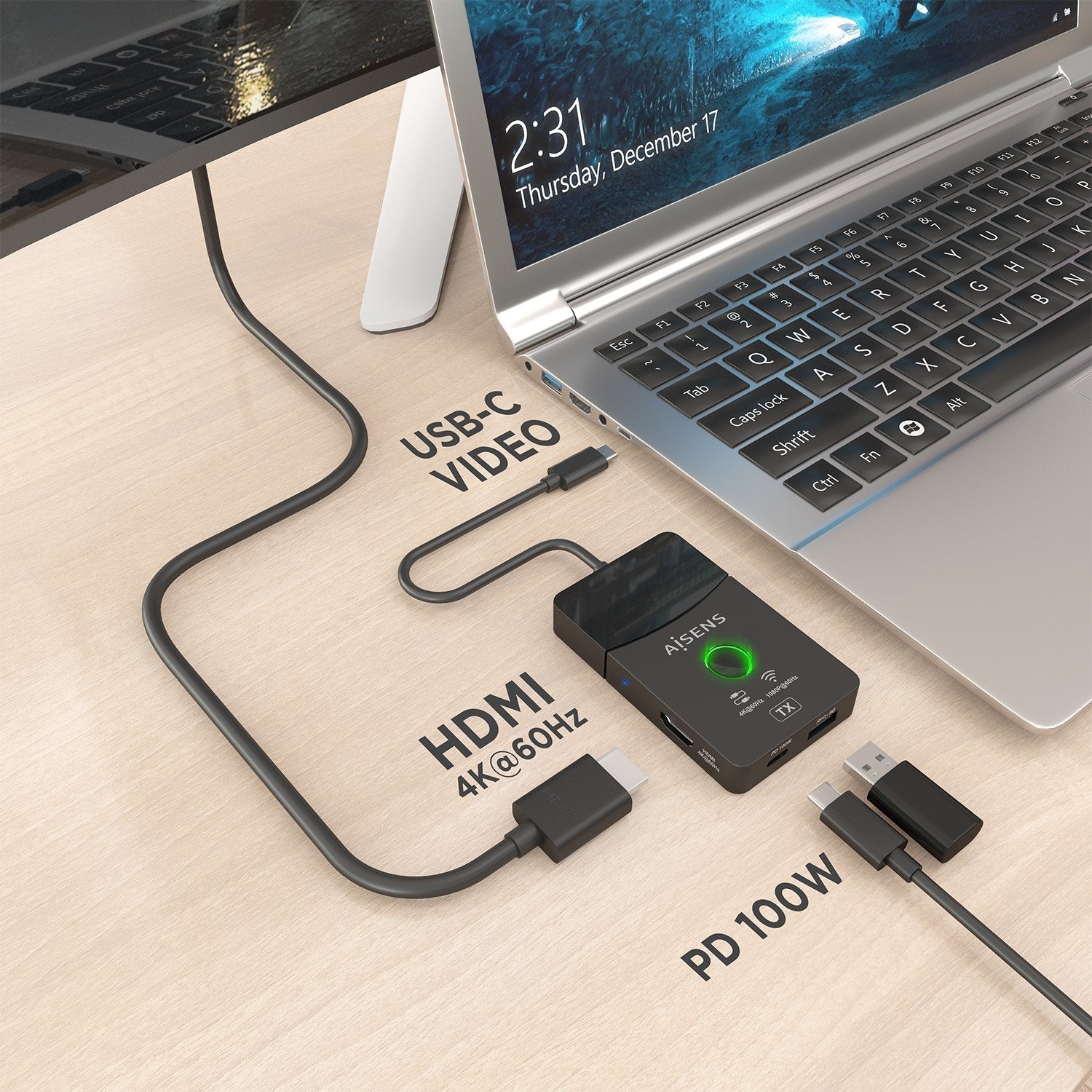 Aisens Docking Usb-C A Hdmi 1080p@60hz (Inalambrico) 30m, 1xhdmi 4k60hz (Cable) 2xusb-C 1xusb-A 1xusb-C Pd 100w, Negro
