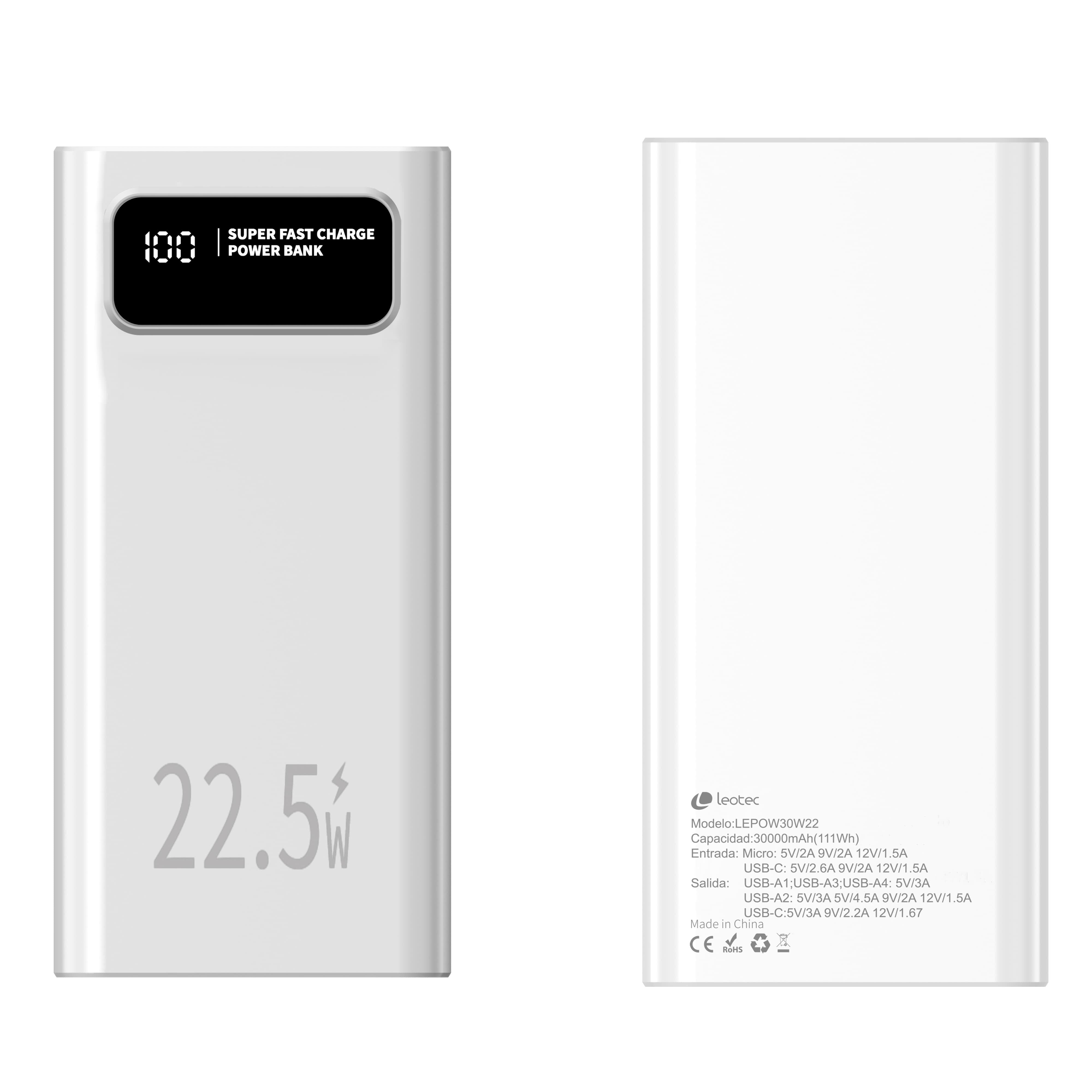 Leotec Powerbank 30000mah 22,5w Pd20w Blan (1 Usb-C+4usb-A Inc Usb-A A Usb-C)