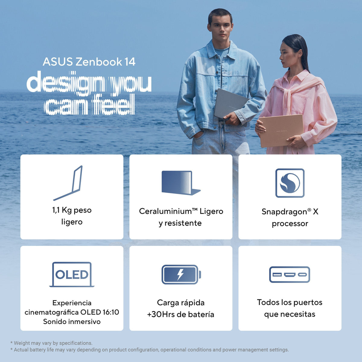 Portátil Asus Zenbook 14 Oled Ux3480qa U1155w Copilot+ Pc 14" Wuxga Snapdragon X1 26 100 45 Tops 16gb Ram 256gb Ssd W11h Sin Cargador