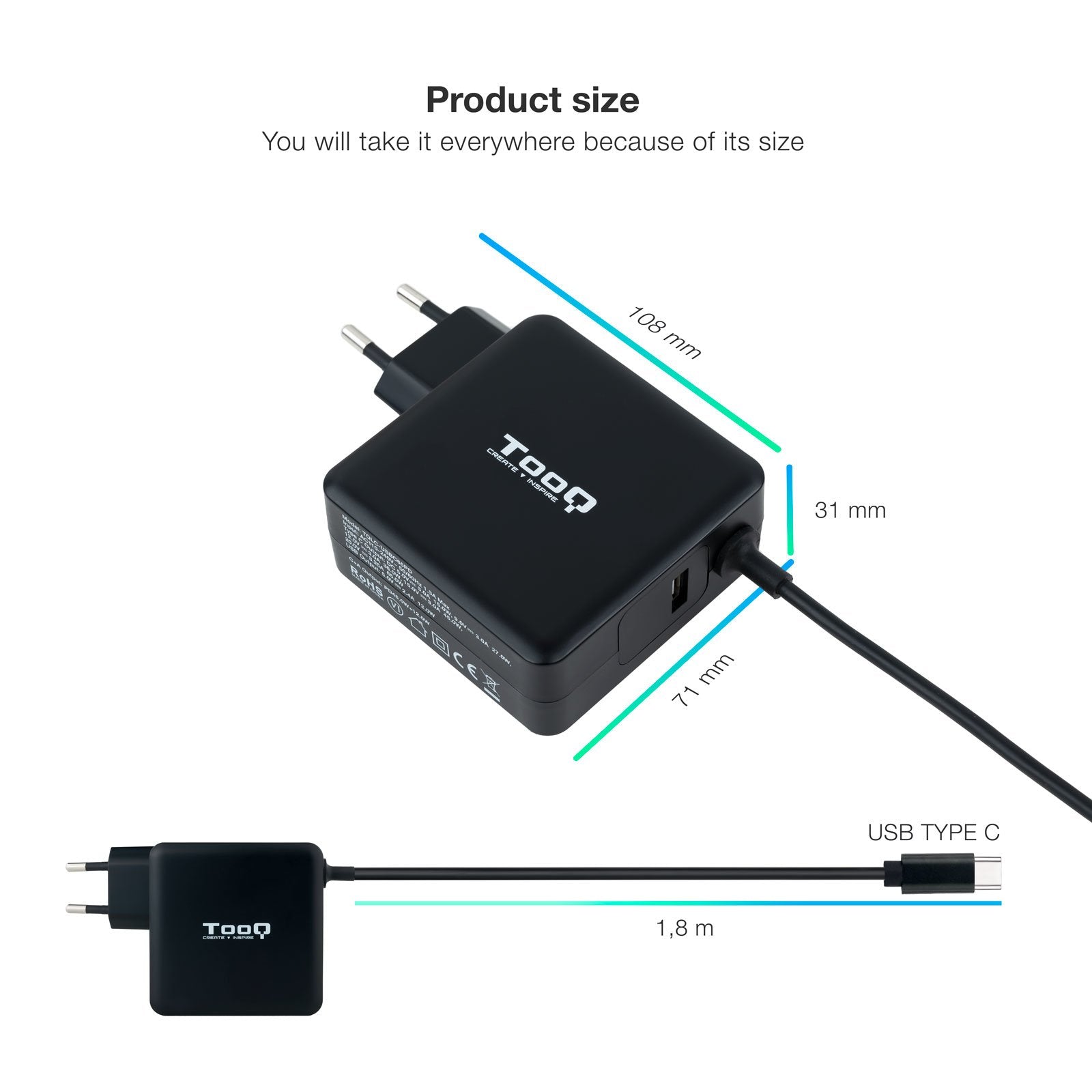 Tooq Cargador Universal Para Portatil 65w Usb-C - Compatible Con Pd - Cable De 1.80m
