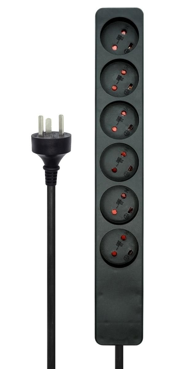 Danish Power Strip 6-Way Black, With 5m Edb Cable