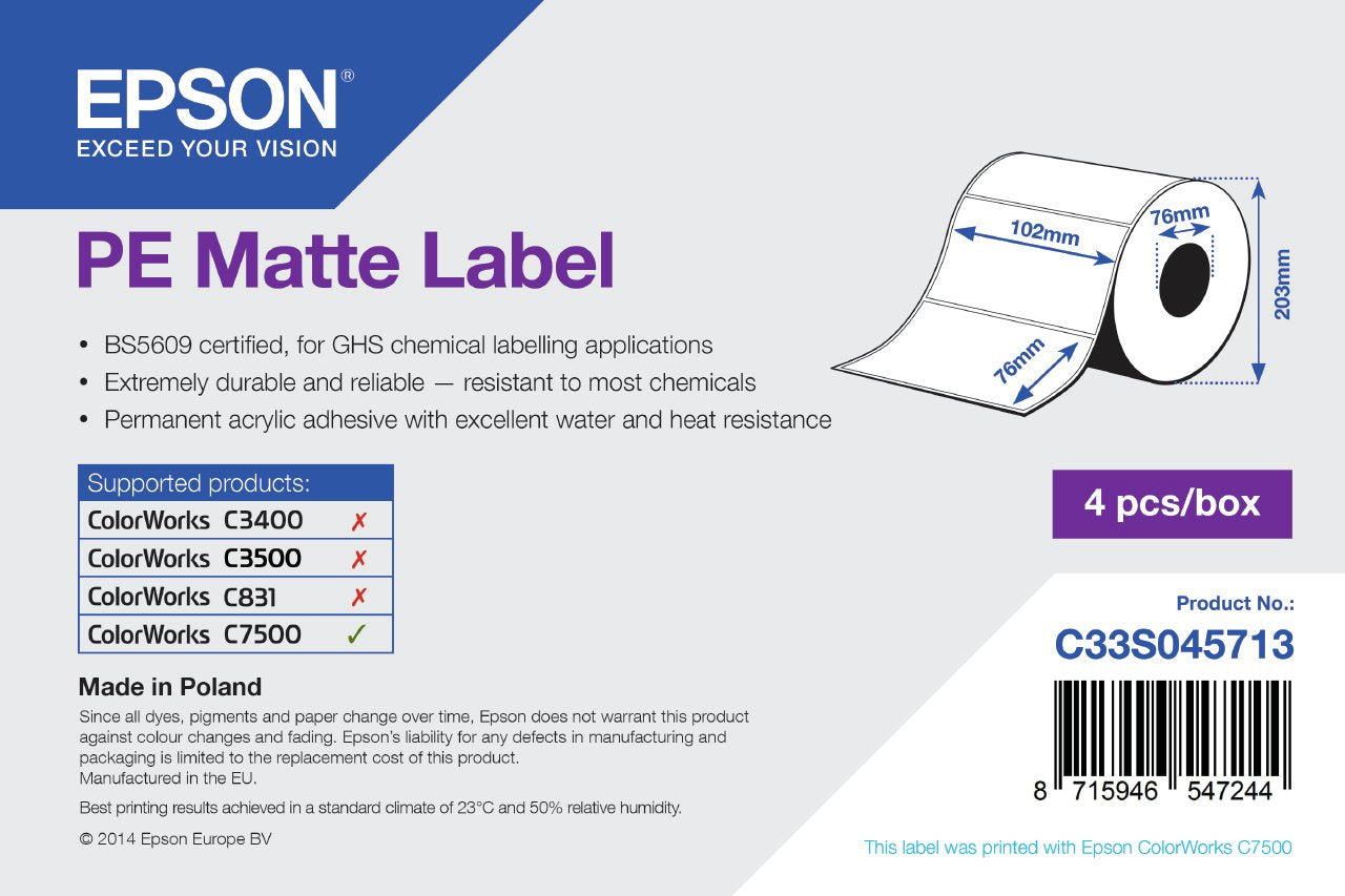 Epson Pe Matte Label - Die-Cut Roll: 102mm X 76mm, 1570 Labels