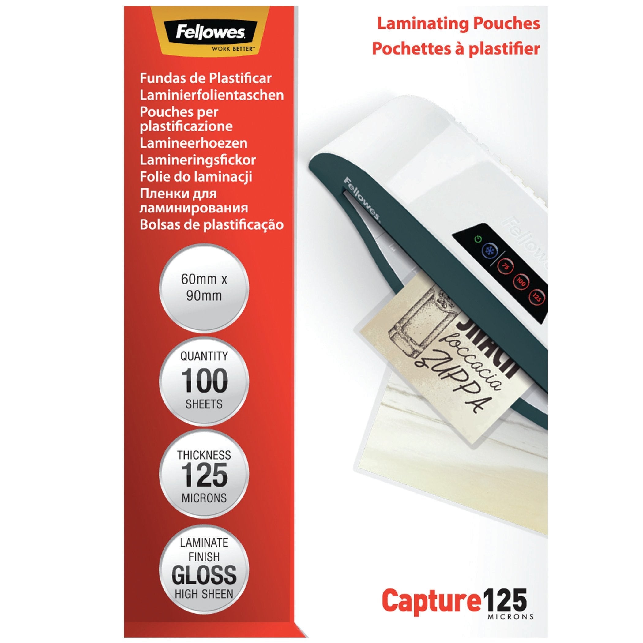 Fellowes Pack De 100 Fundas Para Plastificar Brillo Para Tarjetas 60 X 90mm - 125 Micras - Alta Calidad - Transparente