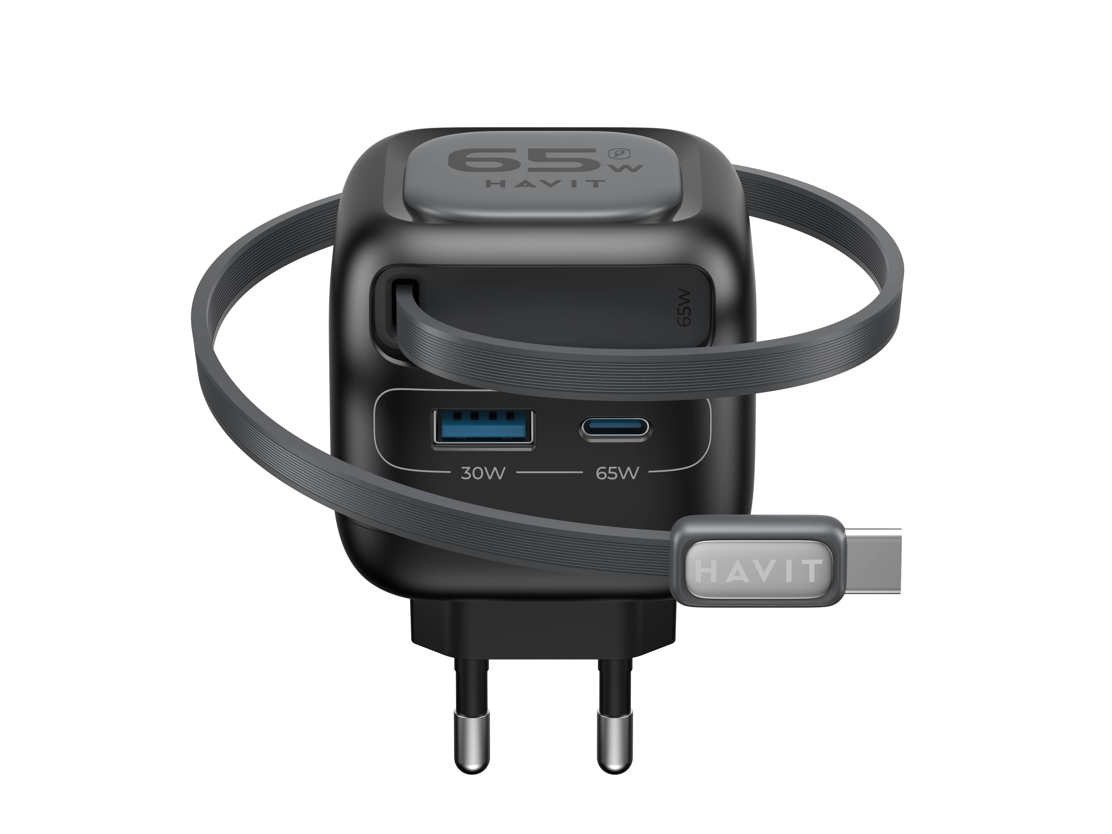 Havit Uc253 Eu - Cargador De Viaje Gan Con Cable Extensible, 65 W (Negro)