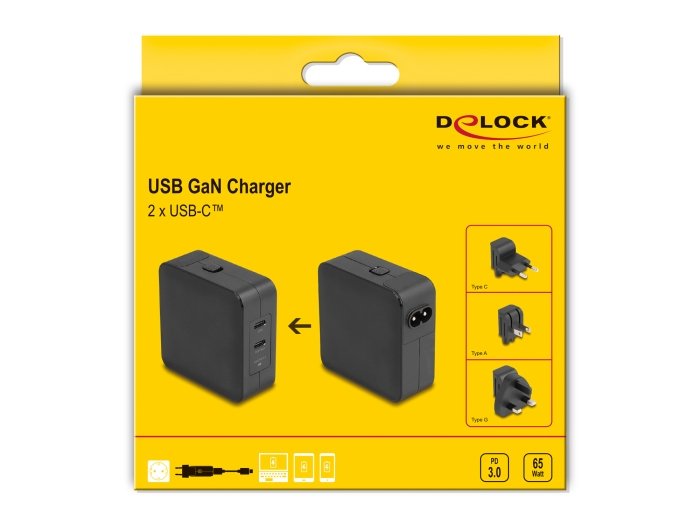Usb Gan Cargador 2 X Usb Type-C Pd 3.0 Mit 65 W Inklusive Strom-Adapter Für Eu Us Uk