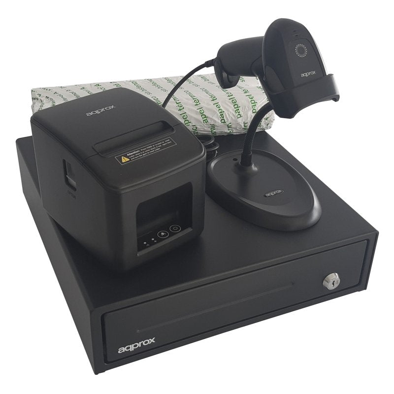 Kit Tpv Approx Cajon Portamonedas Appcash33 Negro + Lector/Scanner Appls11as + Impresora Termica Apppos80am-Usb + Pack Rollos Papel Cyt8060bpa