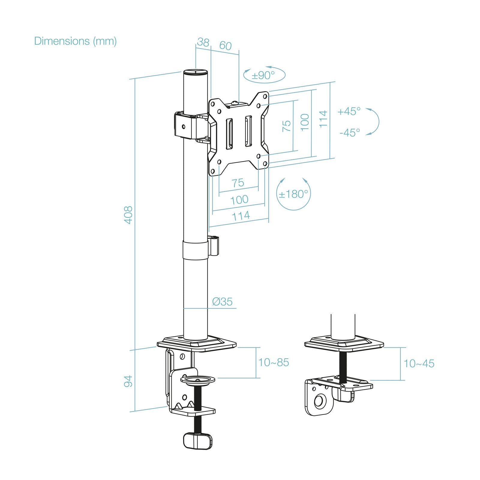Soporte De Mesa Para Monitor Tooq Db1130tn-B Giratorio Inclinable Hasta 10kg