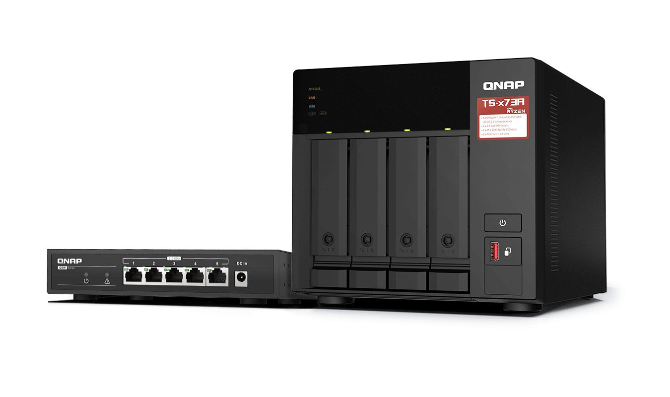 EAN 4711103084618 - QNAP TS-473A + QSW-1105-5T Bundle Pack NAS Torre Ryzen Embedded V1500B 8 GB DDR4 0 TB QNAP Turbo System N imagen 1