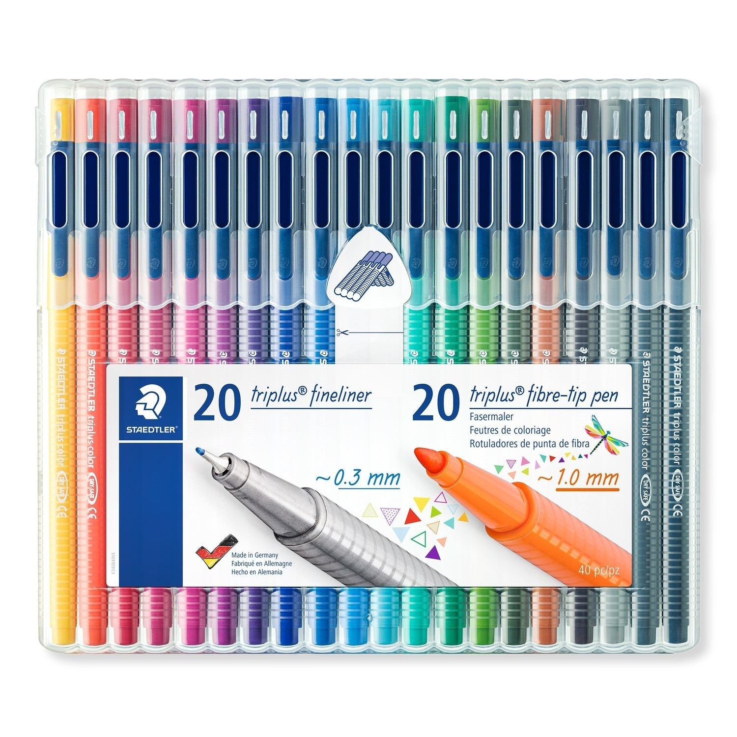 Staedtler Triplus Pack De 20 Rotuladores De Punta Fina 0.3mm + 20 Rotuladores De Punta Fibra 1mm - Capuchon Con Clip - Colores Surtidos