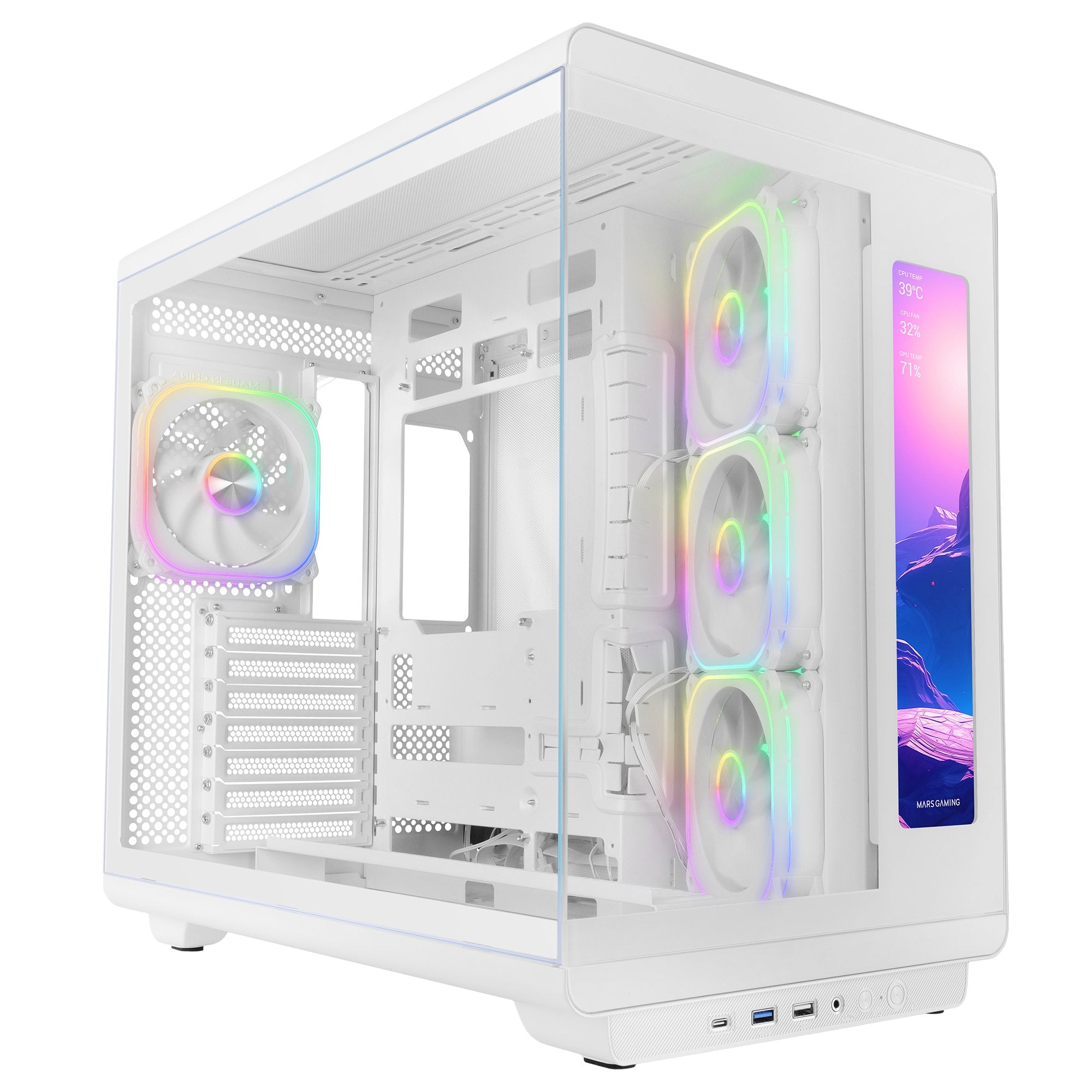 Caja Pc Atx Mars Gaming Mc-Revmaxw Pantalla Lcd 11.8" Cristal Templado 4x Ventiladores Argb Blanco