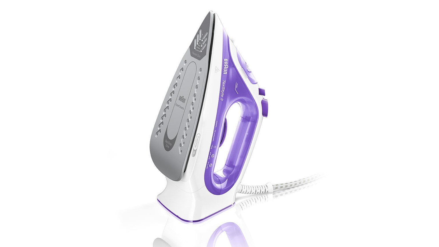 Plancha Braun Texstyle 3 Vapor-Seco 2350 W Púrpura, Plata, Blanco, Plancha A Vapor Blanco/Violeta, Plancha Vapor-Seco, 2 M, 160 G/Min, Púrpura, Plata, Blanco, 0,27 L, 360°