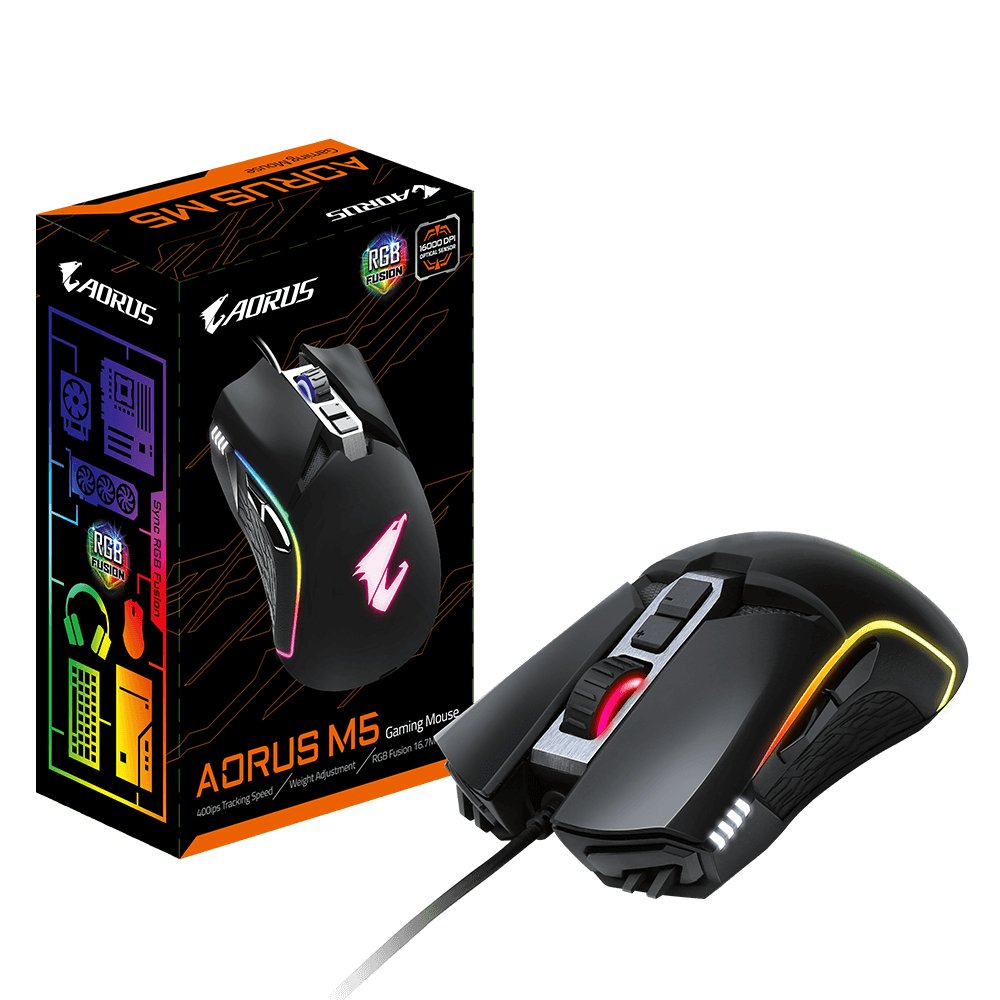 Gigabyte / Ratón Óptico Aorus / M5 / 16000 Dpi / Mano Derecha / Gm-Aorus M5 Gigabyte Aorus M5, Mano Derecha, Óptico, Usb, 16000 Dpi, Negro