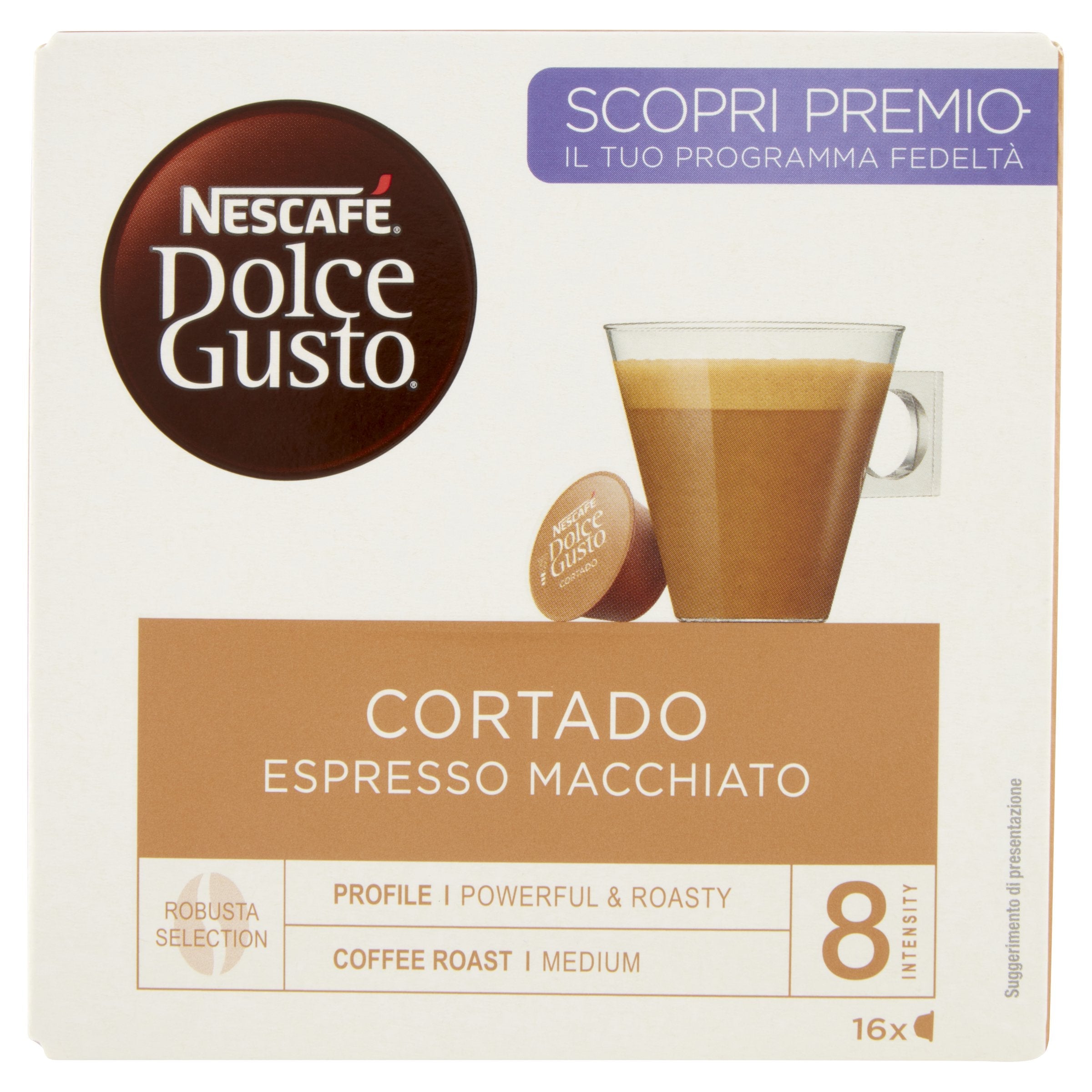 Nescafé Dolce Gusto Espresso Macchiato (Cortado). Tipo De Producto: Cápsula De Café Sistema De Cápsulas/Monodosis De Café: Dolce Gusto Capacidad En Tazas: 16 Tazas. Peso: 1008 G. Cantidad Por Paquete: 16 Pieza(S)