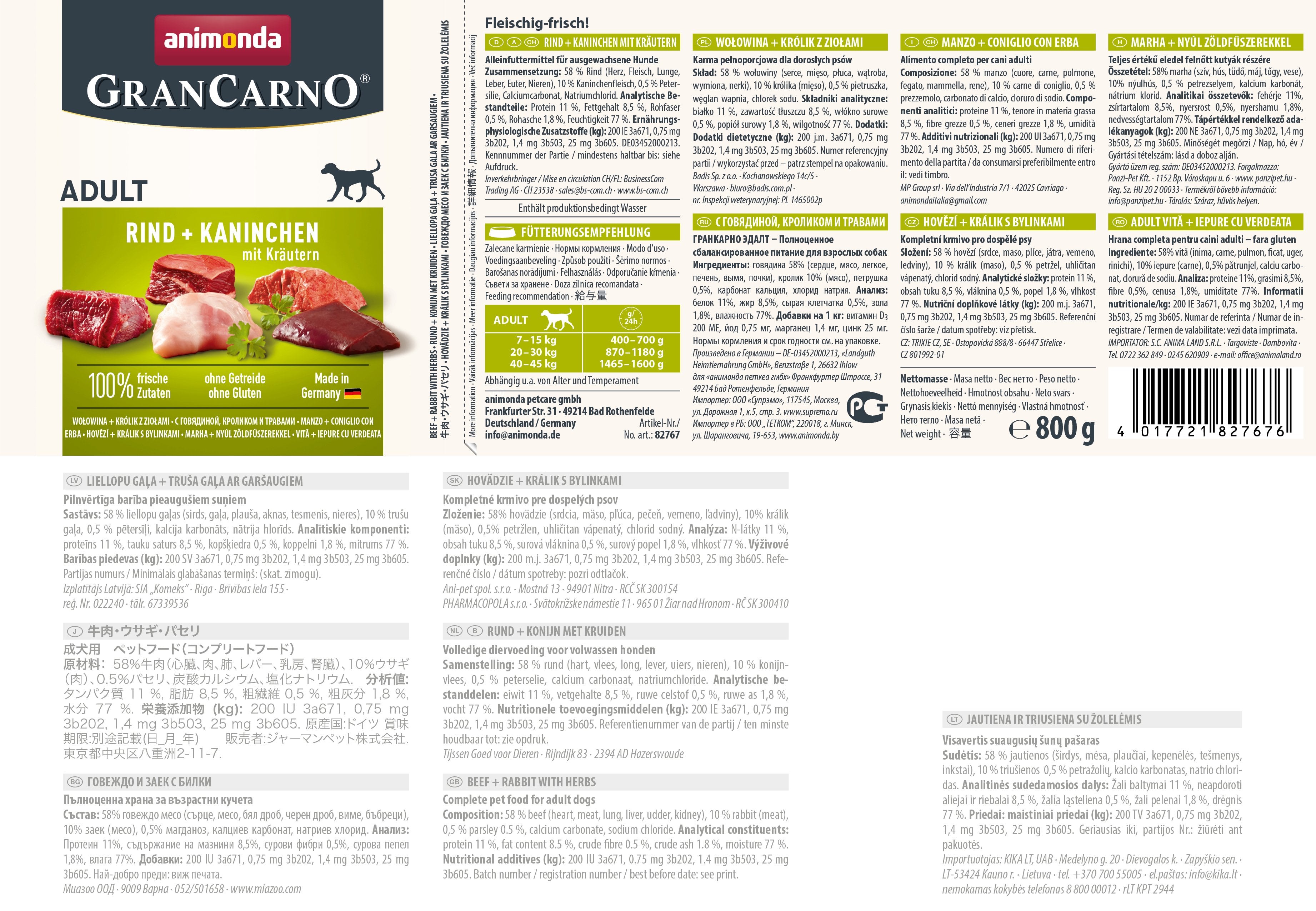 Animonda Grancarno Sabor Adulto: Ternera, Conejo Y Hierbas 800g