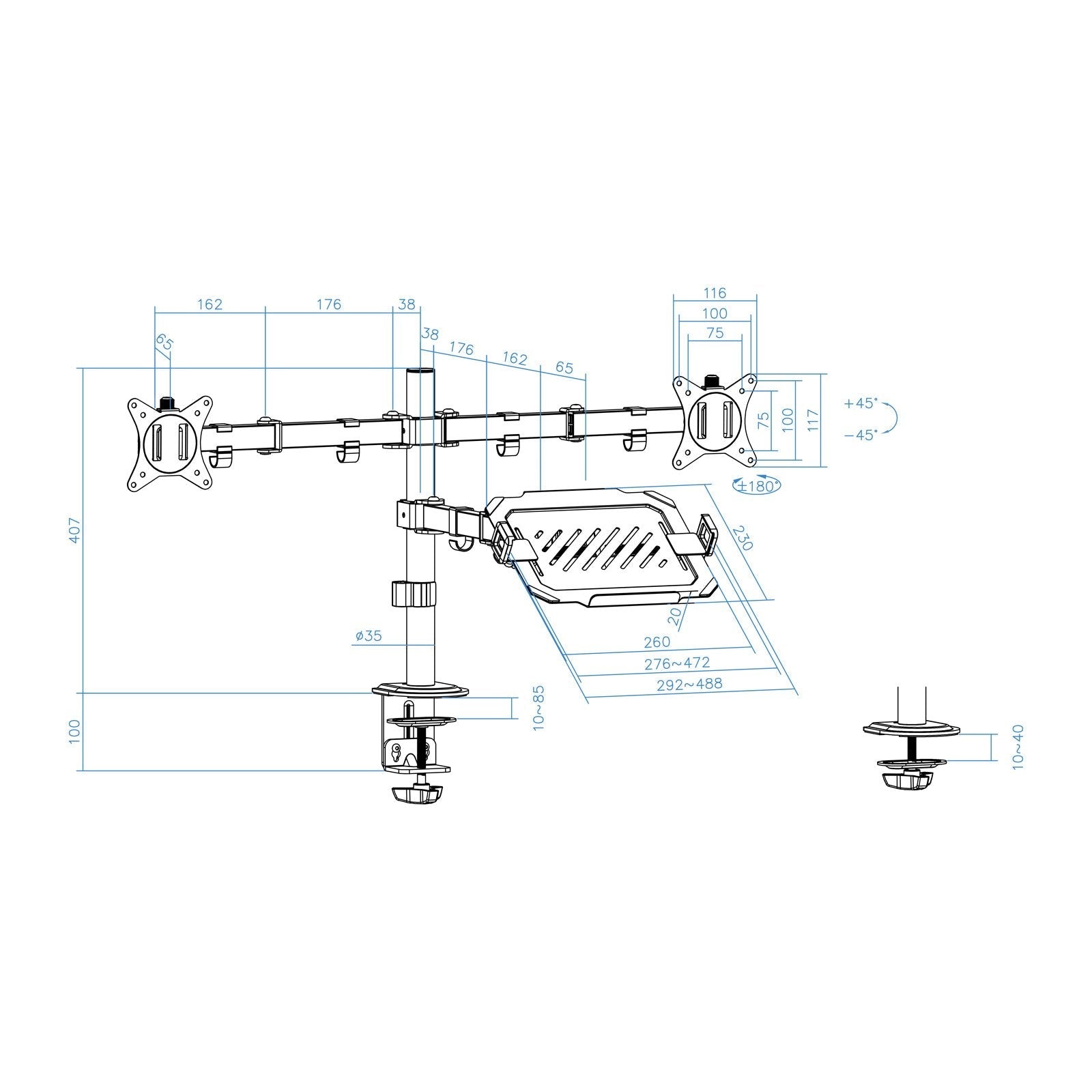 Tooq Soporte De Mesa Para 2 Monitores De 17"-32" + Bandeja Para Portatil - Gestion De Cables - Peso Max 9kg X Brazo -