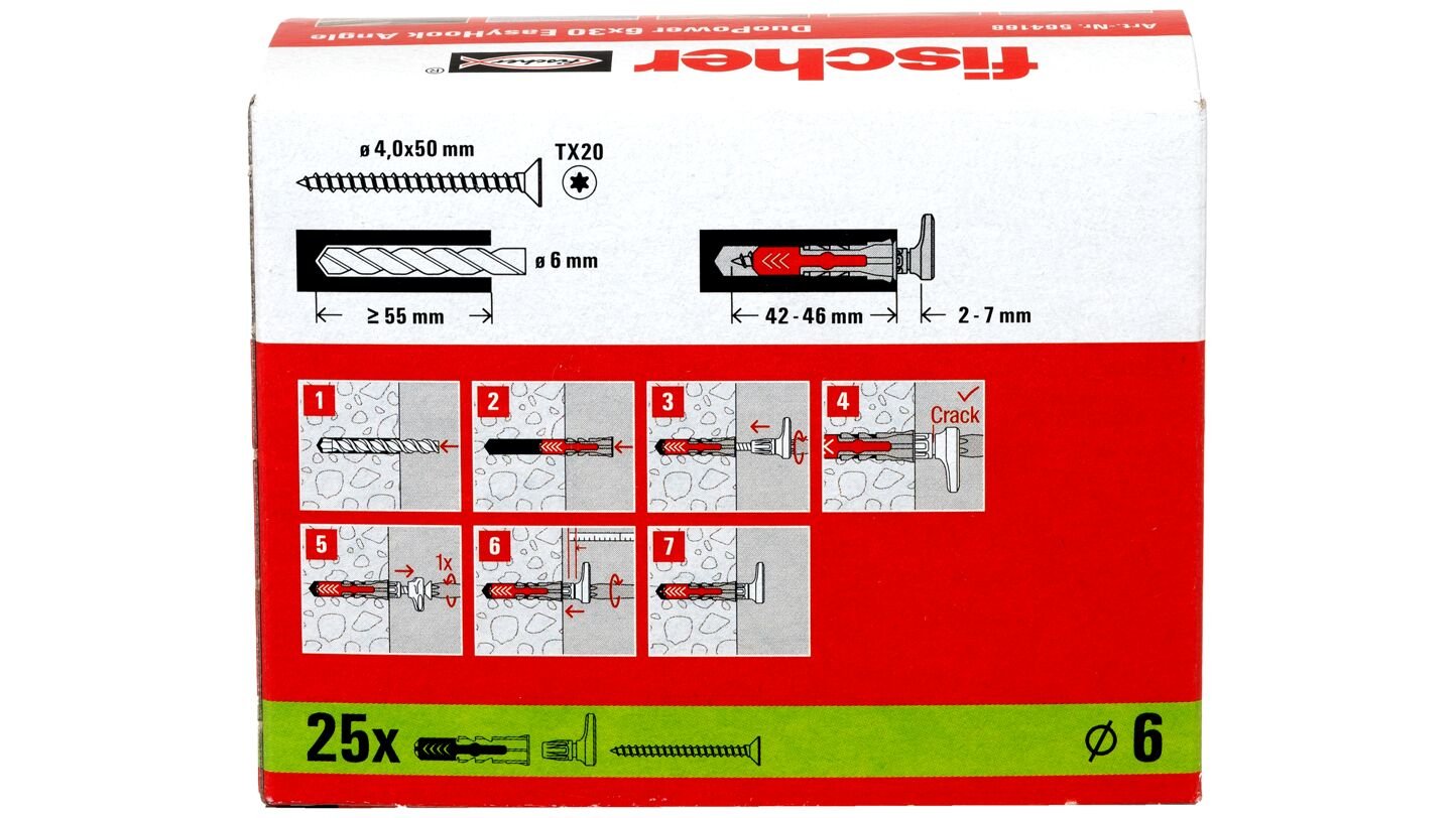 Tacos Fischer Easyhook Angle Duopower 6x30 Blancos, 25 Piezas, Con Gancho Angular Easyhook